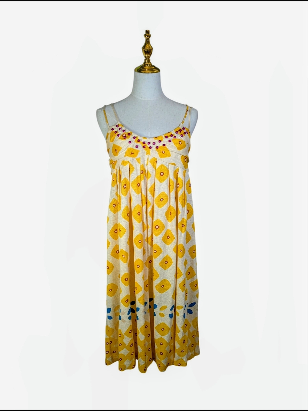 Diane Von Furstenberg Yellow Beaded Linen Silk Sundress Size 5 Resort Boho